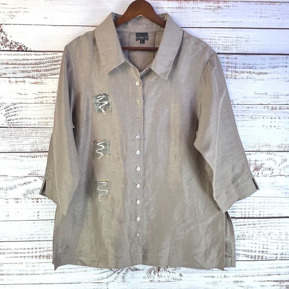 Vintage Silk Linen Button Down Shirt L Taupe Shantung Painted Artsy BoxyUSA